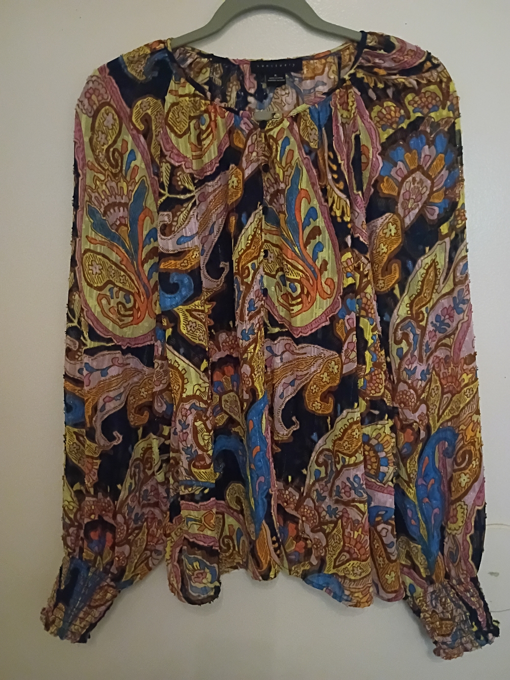 Sanctuary Women's Sheer Paisley PoplinTop Multicolor Metallic Accents Sz XL